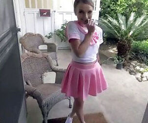 Platinum-blonde teen babygirl in pinkish sundress throw up